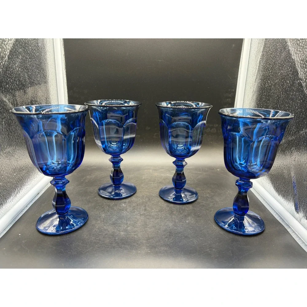 Vintage Cobalt Blue Glass Water Goblets Set of 4 Paneled Stemware 7 Inch